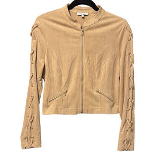 Fashion Nova Crop Tan Jacket with Lace-Up Sleeves